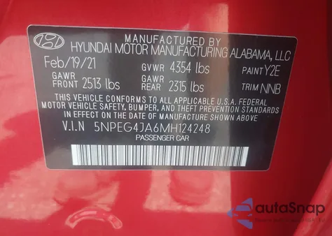 2021 Hyundai Sonata Se z USA, uszkodzony, nr VIN 5NPEG4JA6MH124248